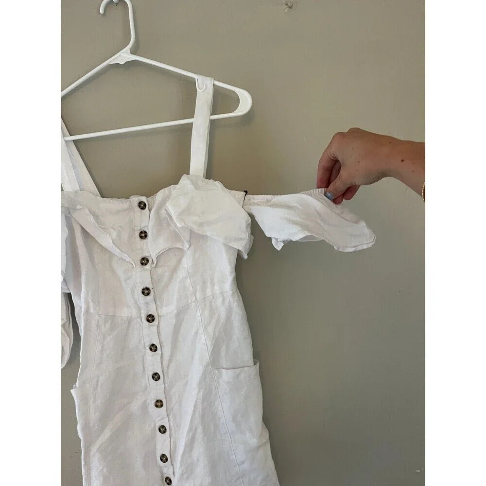 Forever 21 Womens White Mini Dress Small Linen Button 90s Y2K Baby Shower Party - Picture 5 of 9